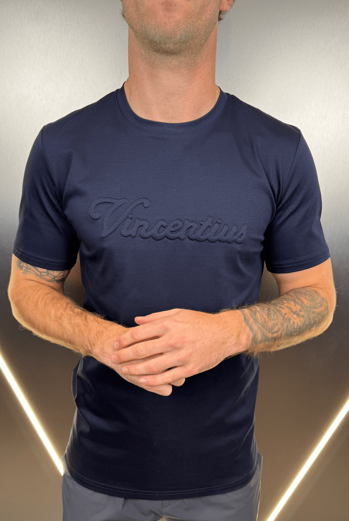 Luxury Embossed Tonal Logo T-Shirt - Navy - Vincentius