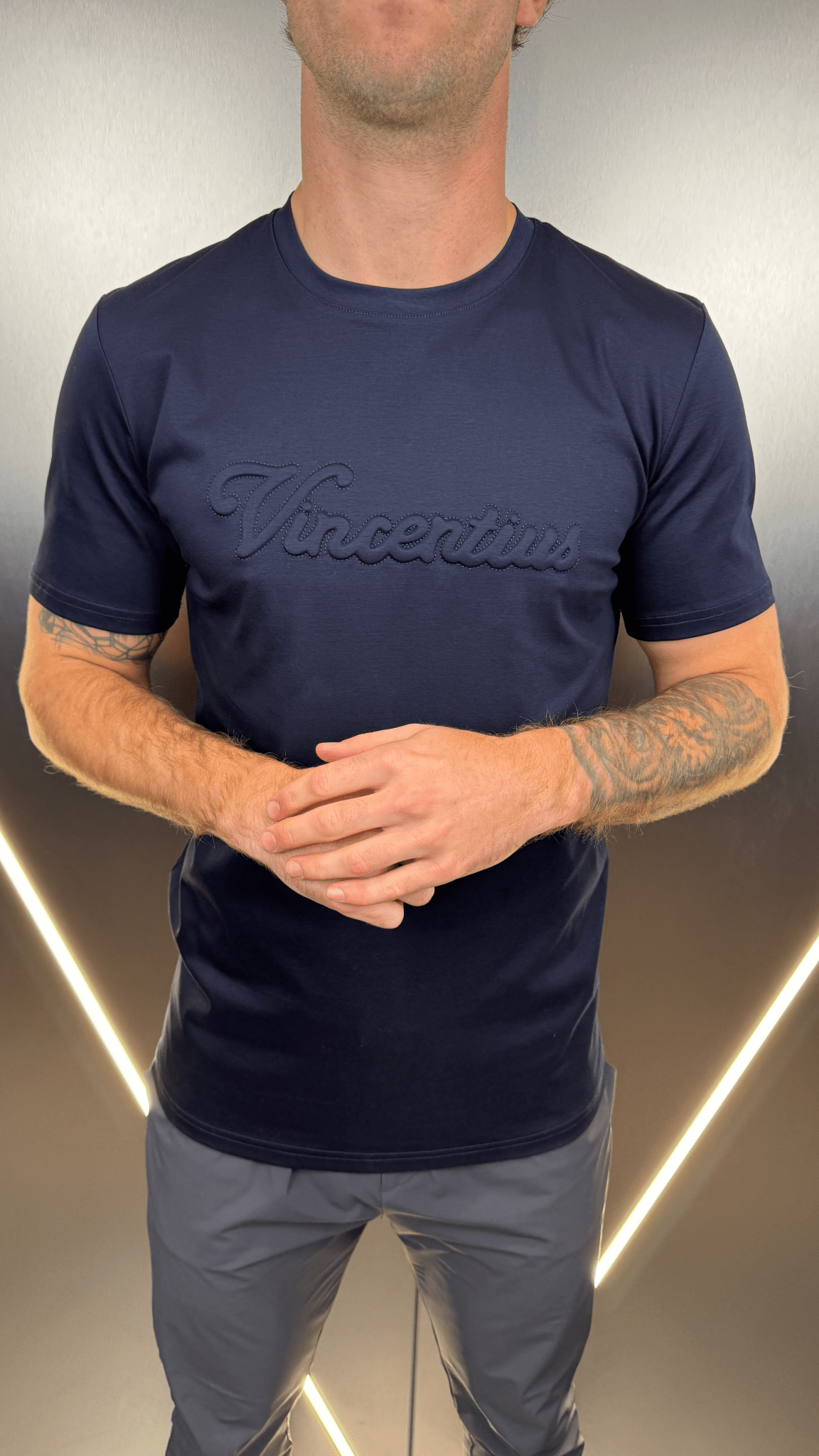 Luxury Embossed Tonal Logo T-Shirt - Navy - Vincentius