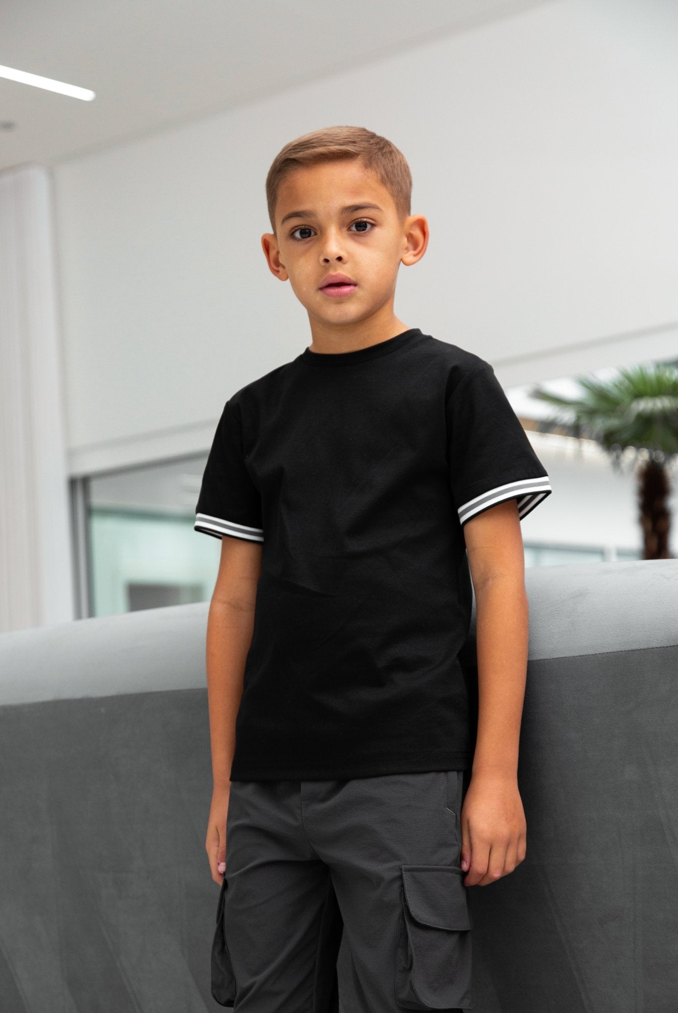 Boys Ribbed Cuff Black T Shirt - Vincentius