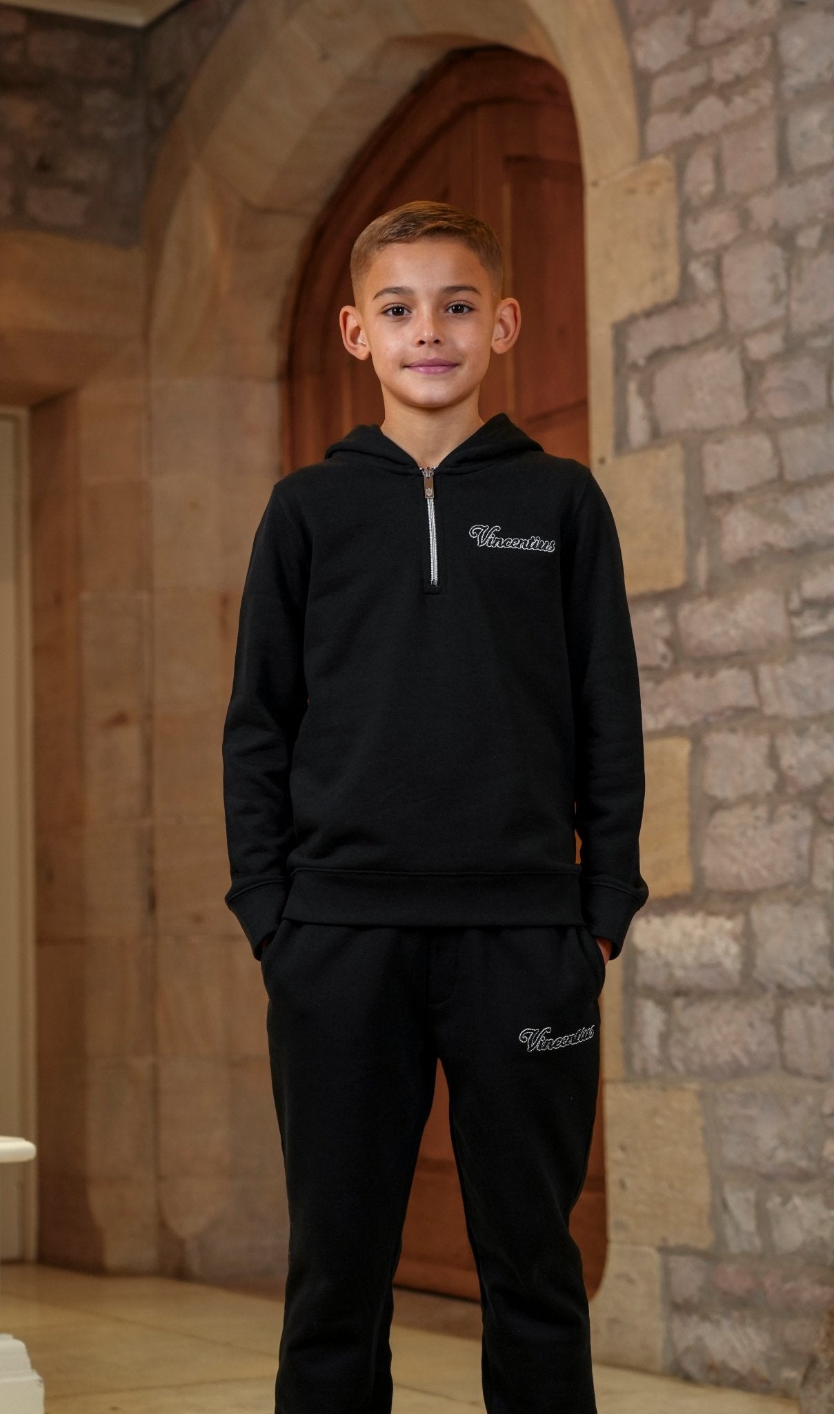 Boy's Loopback Script 1/4 Zip Tracksuit - Black - Vincentius