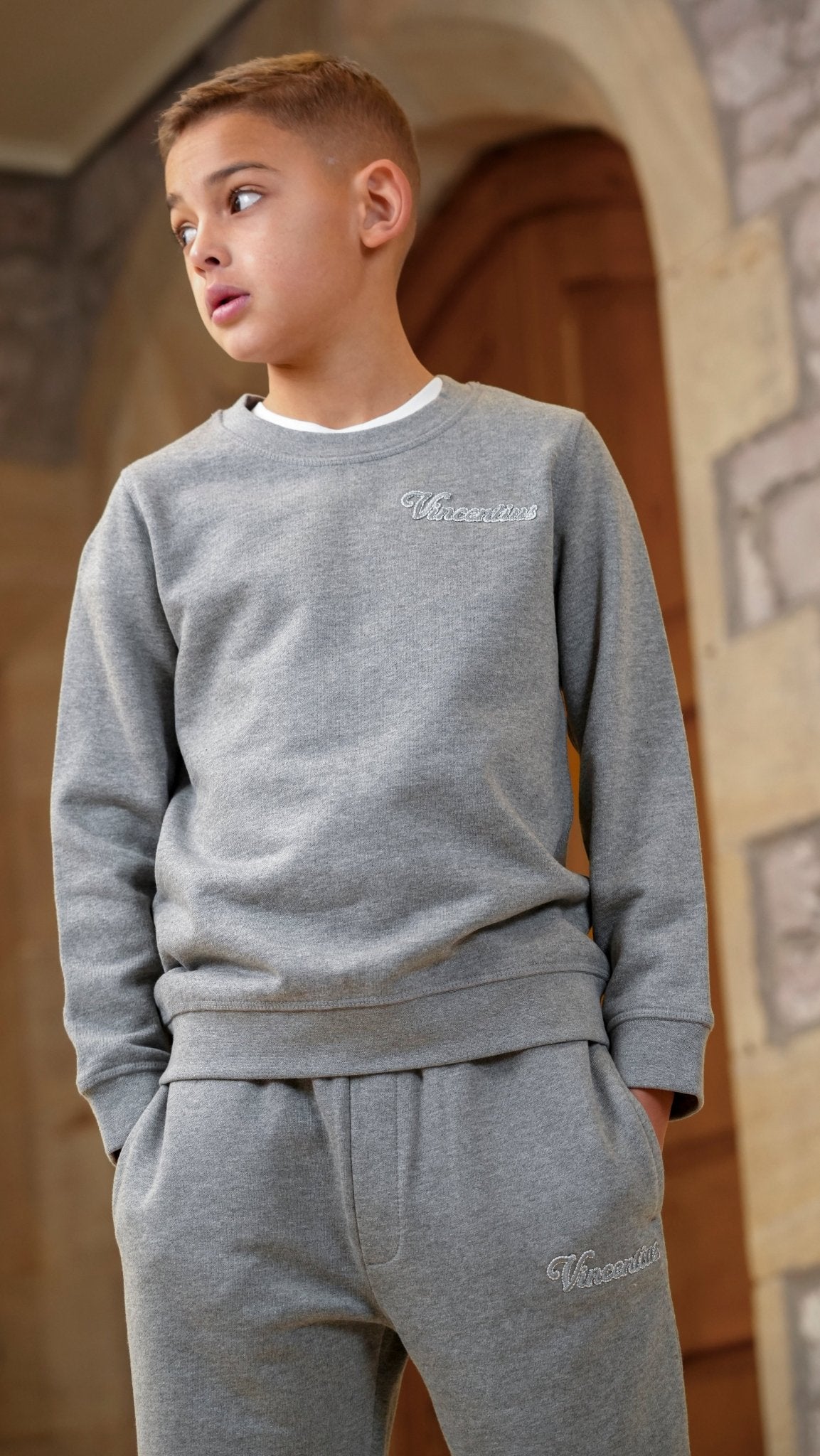 Boy's Loopback Script Crew Neck Tracksuit - Grey Marl - Vincentius