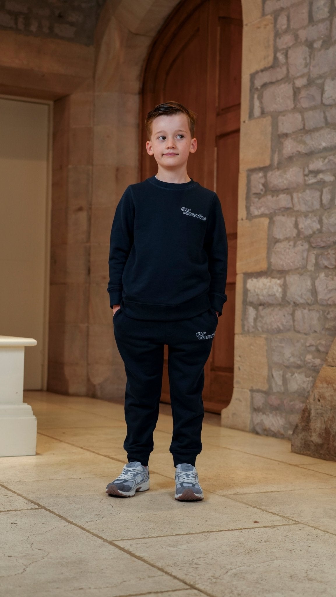 Boy's Loopback Script Crew Neck Tracksuit - Navy - Vincentius
