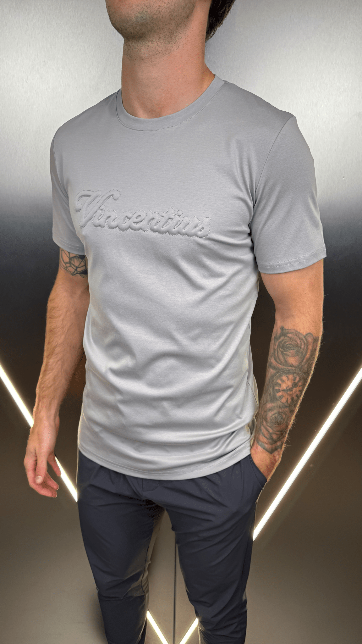 Luxury Embossed Tonal Logo T-Shirt - Ice Grey - Vincentius