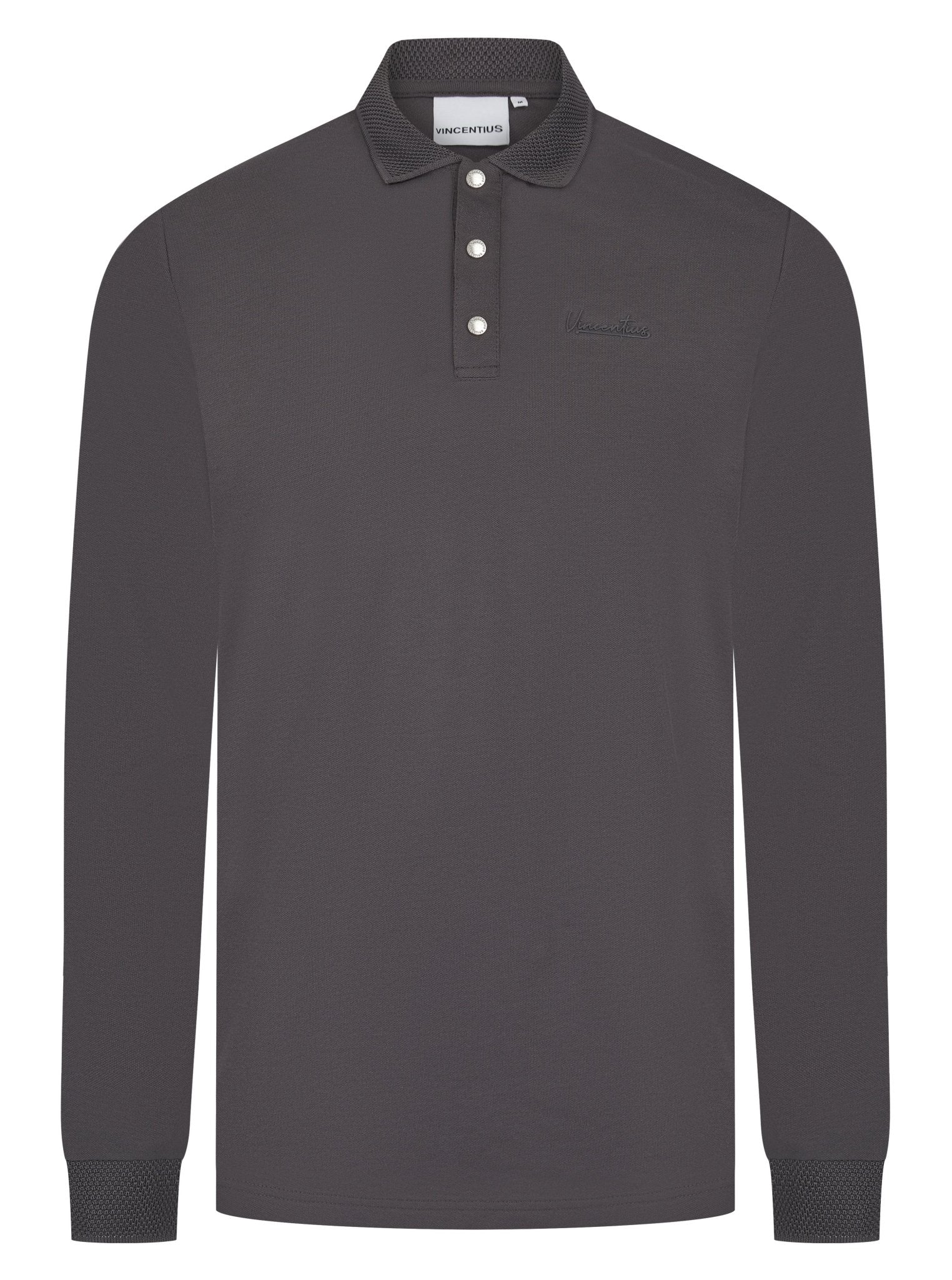 Luxury Long Sleeve Pique Logo Polo - Charcoal - Vincentius