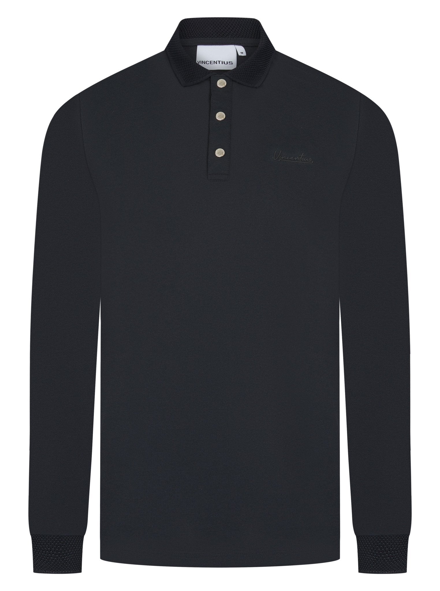 Luxury Long Sleeve Pique Logo Polo - Navy - Vincentius