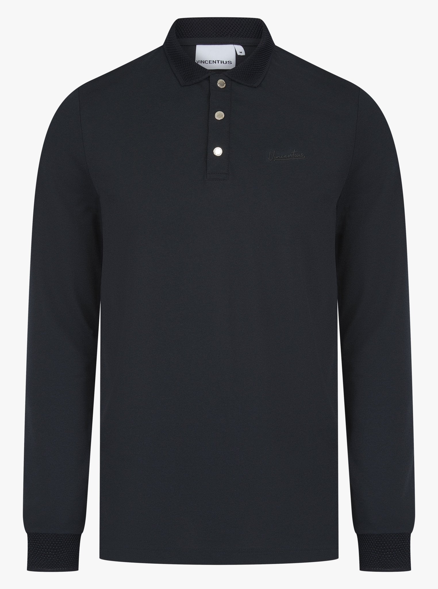 Luxury Long Sleeve Pique Logo Polo - Navy - Vincentius