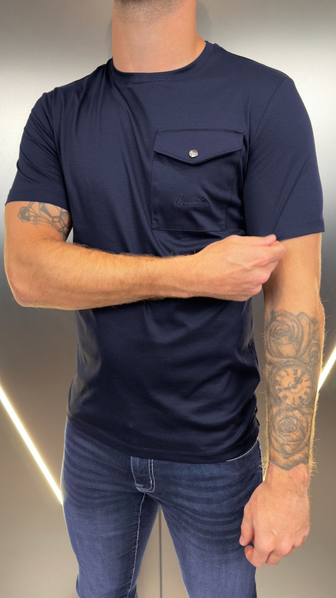 Luxury Mercerised Pocket Logo T-Shirt - Navy - Vincentius
