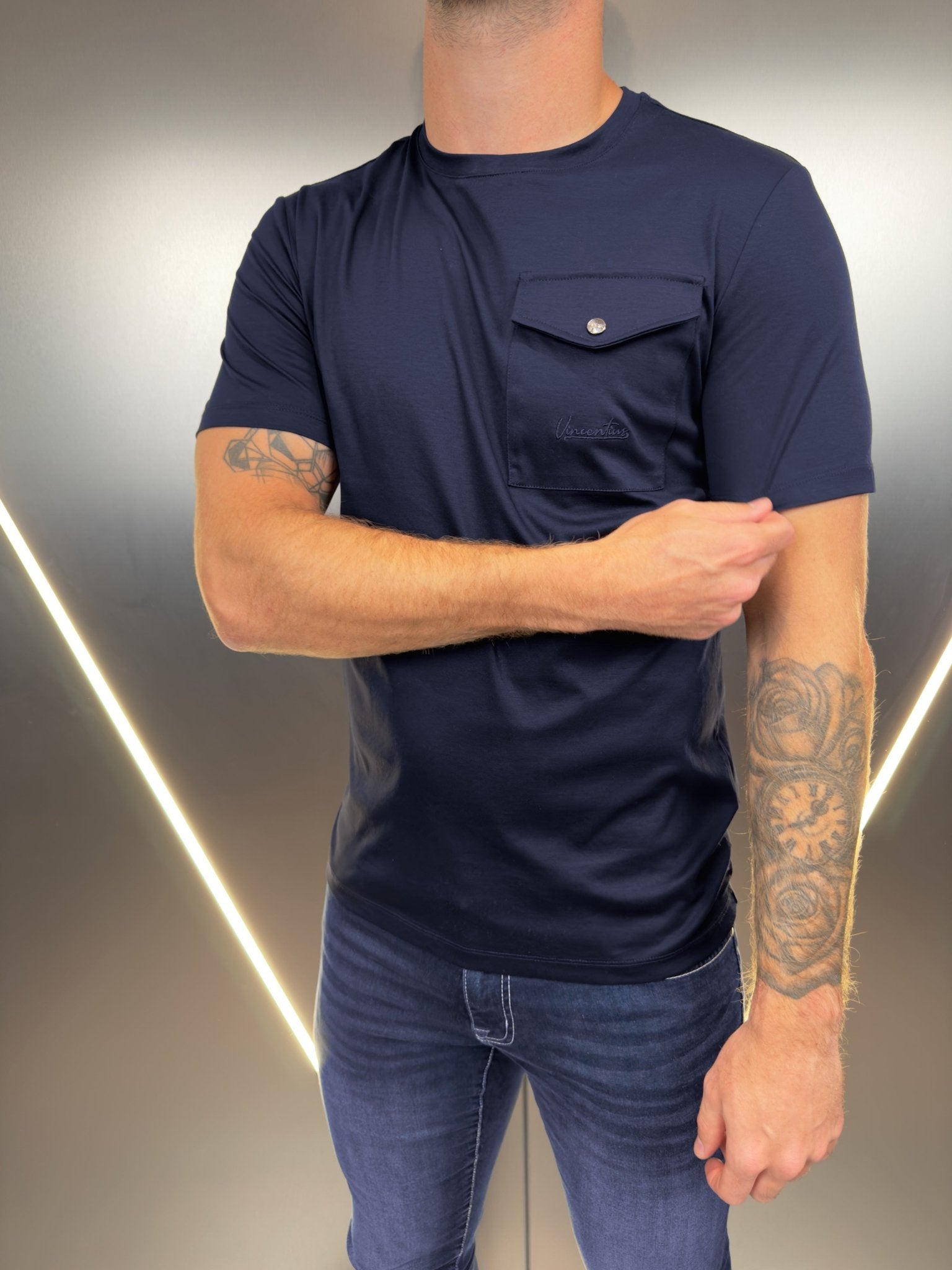 Luxury Mercerised Pocket Logo T-Shirt - Navy - Vincentius